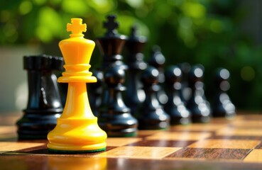 A yellow king chess piece stands prominently in the foreground on a wooden chessboard with black and white pieces in the background