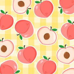 Peach seamless pattern with yellow gingham background. Cute fruit cartoon. Food illustration. Can be used for wallpaper, paper wrapping, fashion fabric, kid decoration