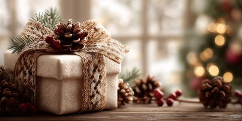 Winter holiday gift wrapped elegantly with natural decorations in a cozy indoor setting