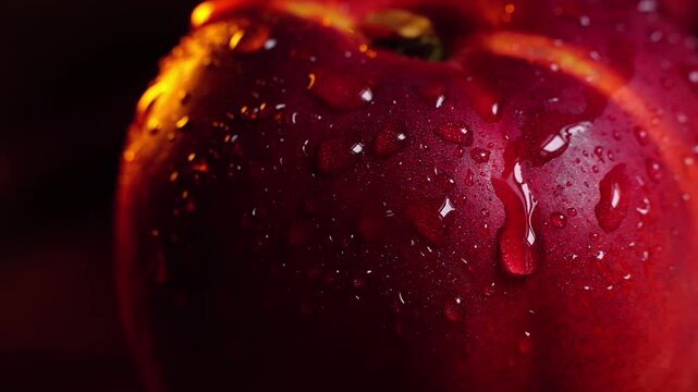Extreme close up  drops of water falling on and flowing down  from a red nectarine on a dark background slow motion 200 fps