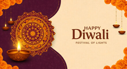 Happy Diwali background with mandala design Red and gold mandala with glowing diya lamp for Diwali festival greeting