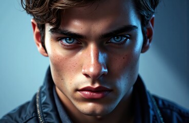 Obraz premium Intense close-up of a young man with piercing blue eyes and dark hair
