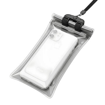 The image shows a white phone inside a transparent waterproof case with a black lanyard.