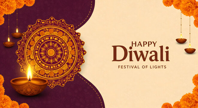 Happy Diwali background with mandala design Red and gold mandala with glowing diya lamp for Diwali festival greeting