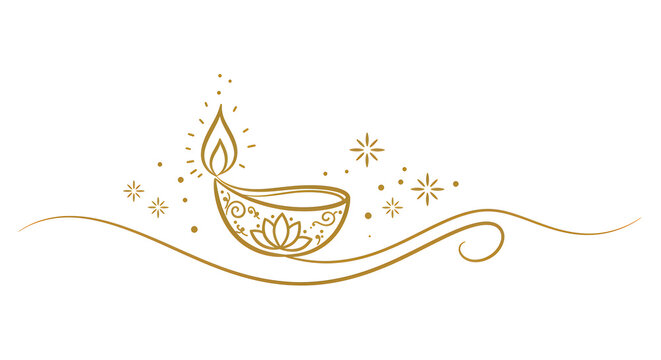 Minimal Diwali diya border line art Golden diya illustration border design for Diwali greeting cards