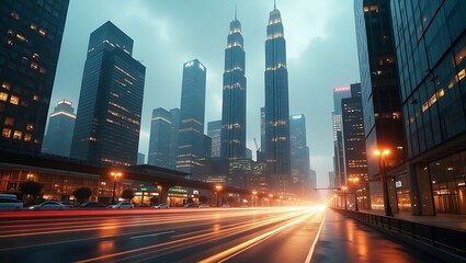 Fototapeta premium Cityscape photography: urban city skyline with skyscrapers and light trails at night, modern architecture