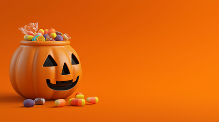 Halloween Pumpkin Treat: A festive Halloween scene with an orange pumpkin bucket overflowing with colorful candies, symbolizing the joy of trick-or-treating and the spirit of the holiday.