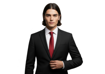 Professional businessman in suit and red tie png image for design projects and mockups, portrait of a man, isolated on transparent background
