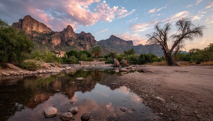 Serene Mountain River Sunset Landscape