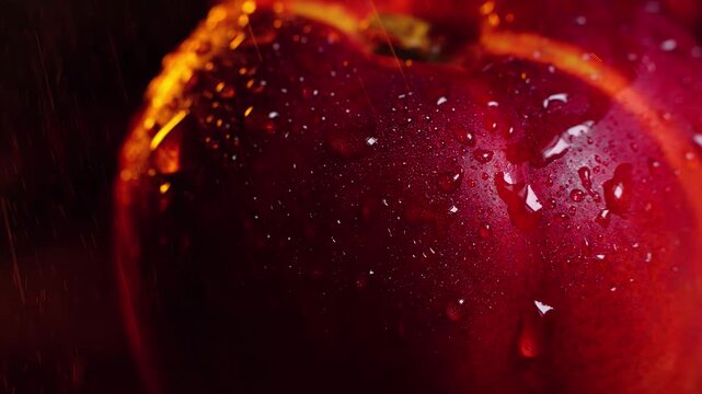 Extreme close up  drops of water falling on and flowing down  from a red nectarine on a dark background slow motion 200 fps