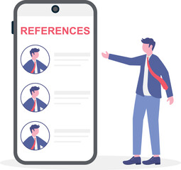 Flat illustration of businessman hold reference documents with list people and work experience professional recommendation
