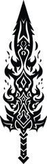 Stylized Symmetrical Tribal Sword Design with Flame-Like and Geometric Patterns Forming Blade, Guard, and Hilt for Tattoo, Fantasy, or Graphic Art Use