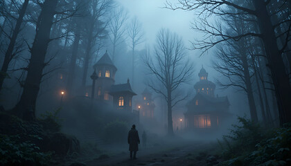 Mysterious figures wander through a foggy, enchanted forest with glowing, vintage homes and eerie ambiance.