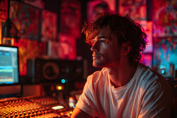 Obraz premium Artist singer dj sound engineer in music production studio with vibrant lights&nbsp;