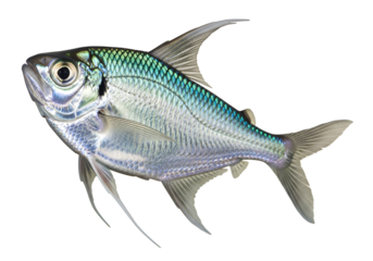 A detailed close-up view of a fish, showcasing its iridescent silver scales and vibrant teal fin accents against a striking black background.