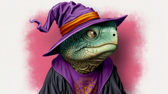 Enigmatic turtle character adorned in a vibrant purple wizard hat and robe, exuding magical charm and whimsical allure, captivating viewers with its unique fantasy-inspired design and enchanting prese