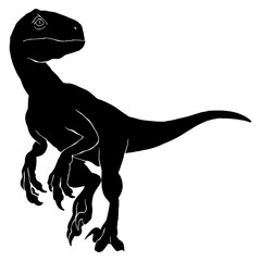 Black silhouette drawing with white lines of the carnivorous dinosaur Velociraptor and the dinosaur Giganotosaurus on a white background