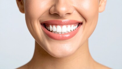 Obraz premium Close-up of a woman's bright, healthy smile against a neutral background