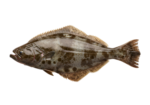 A whole halibut, displaying its mottled skin tones and fin details, is prominently featured against a stark black backdrop.