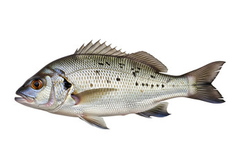 Fototapeta premium A side view of a silver fish, highlighted against a plain black background, displaying detailed scales and fins.