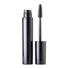 A black tube of mascara with its wand and applicator brush extended, showcasing a popular beauty product for enhancing eyelashes, isolated on a transparent background