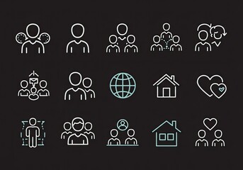 Dynamic collection of modern line art icons representing teamwork, community, family, and global connections for business and lifestyle projects