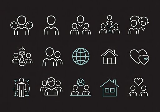 Dynamic collection of modern line art icons representing teamwork, community, family, and global connections for business and lifestyle projects