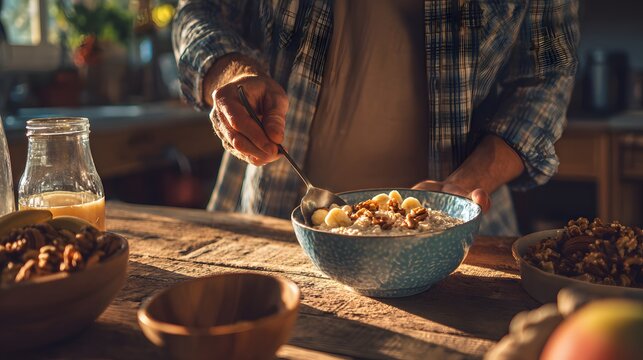 A person preparing a bowl of oatmeal with banana slices and walnuts on a wooden table in a kitchen setting