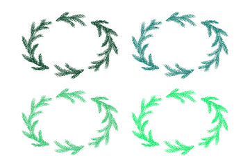 Set of hand drawn Christmas decoration border with spruce branches. Wreath doodle. Christmas, winter and New Year design element
