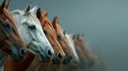 Horses lined up facing forward in a misty landscape during early morning light