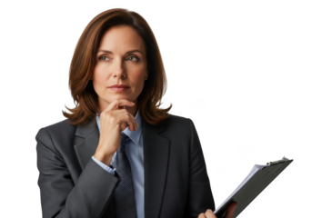 Thoughtful businesswoman in suit holding clipboard looking upward stock photo png image isolated on transparent background