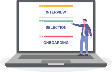 Flat illustration of human resource manager opening filing cabinet drawers labeled interview selection and onboarding to organize recruitment process
