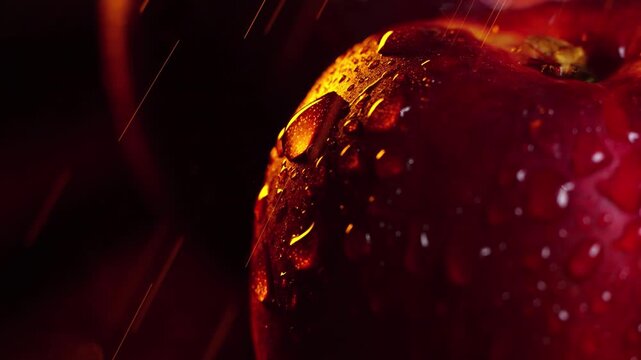 Extreme close up  drops of water falling on and flowing down  from a red nectarine on a dark background slow motion 200 fps