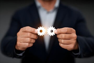 A man is holding two gears in his hands