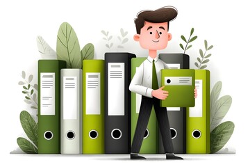 A man is holding a green folder in front of a row of green folders