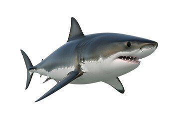 Obraz premium A powerful great white shark, displaying its formidable teeth and sleek silhouette, is set against a stark black background.