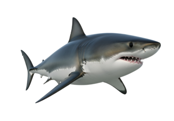 A powerful great white shark, displaying its formidable teeth and sleek silhouette, is set against a stark black background.