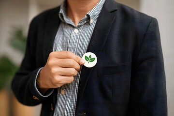 A man wearing a black jacket holding a green badge