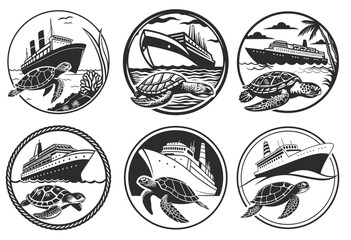 Monochrome emblem set with cruise ship sailing above and sea turtle below, enclosed in rope frame, ideal for nautical branding, marine wildlife promotion, and coastal tourism projects