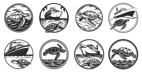 Monochrome round nautical emblem set with sea turtle swimming through ocean waves, ideal for marine logo, ocean conservation design, underwater wildlife theme, or coastal tourism branding