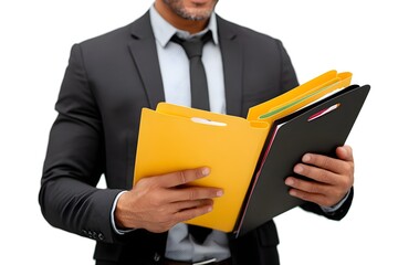 A man in a suit is reading a yellow folder