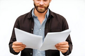 A man is reading a book with a serious expression on his face