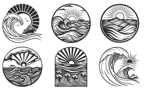 Circular monochrome nautical emblem set with stylized ocean waves under radiant sun, perfect for marine business branding, seaside tourism logo, and coastal event promotion