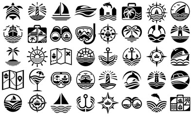 Black and white nautical icons with ships, diving gear, anchors, and palm trees for marine travel, exploration, navigation, and leisure themed graphic design applications