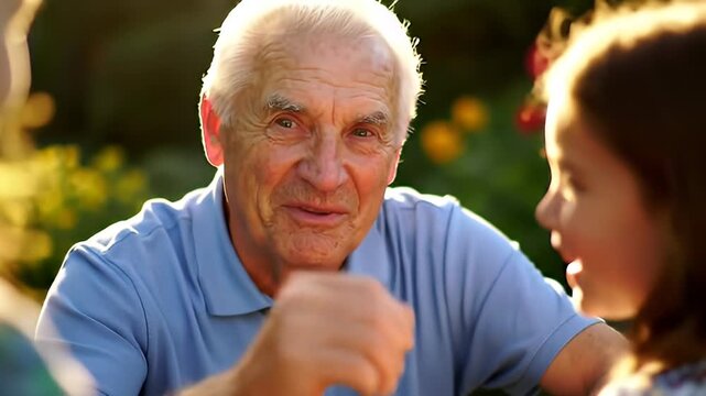 An elderly man with white hair and a blue shirt engages in a conversation with a young girl outdoors, bathed in warm sunlight.