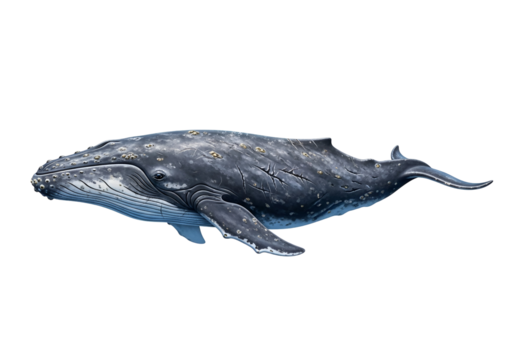 A detailed, graphic image of a gray whale against a stark black background.