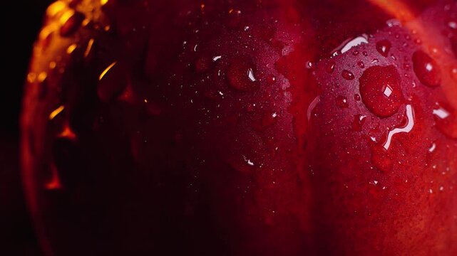 Extreme close up  drops of water falling on and flowing down  from a red nectarine on a dark background slow motion 200 fps