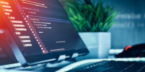 Modern coding workspace with screen and keyboard