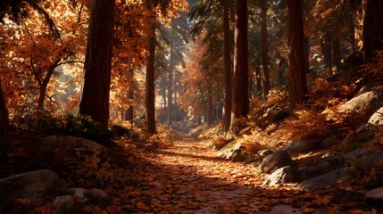 Obraz premium A scenic autumn forest path with fallen leaves and sunlight filtering through the tall trees above path