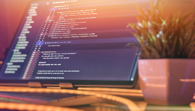 Minimal coding workspace with plant and warm lighting